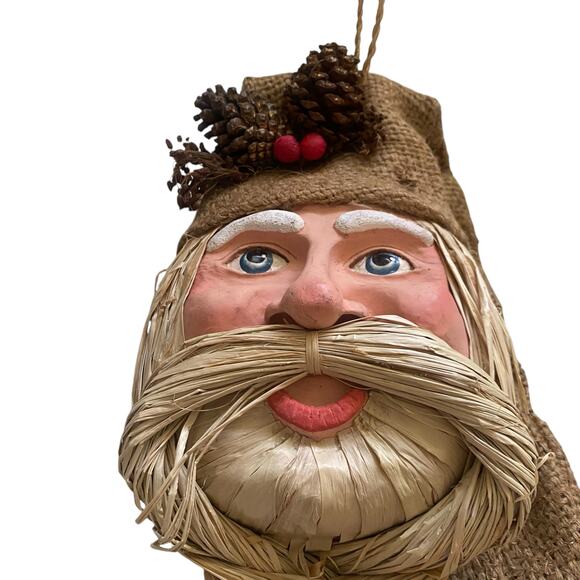 Vintage Wall Hanging Santa with Raffia and Burlap Braided Beard Holiday Decor - Picture 4 of 12